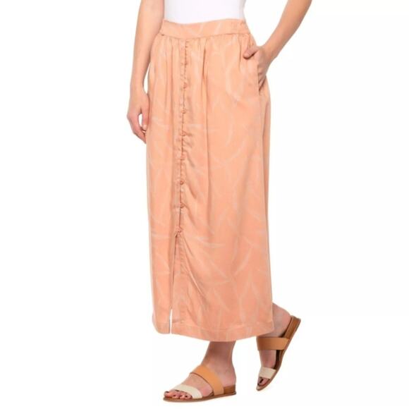 Prana Dresses & Skirts - prAna Swift Lake Button Front Midi Skirt Size S Leaf Print Powder Pink Elastic